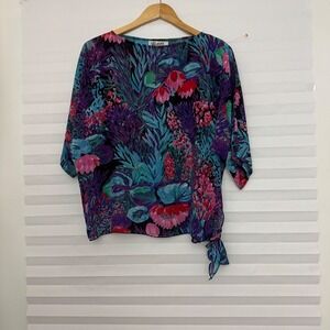 Teddi of California Vintage Floral Blouse Purple Blue Tropical Side‎ Tie Small